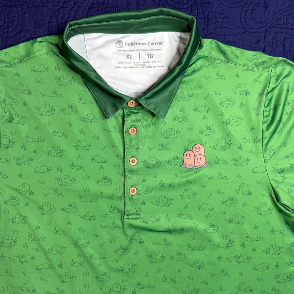 Pokemon Center Dugtrio Diglett Green Performance Polo Shirt Mens XL Fan Gear